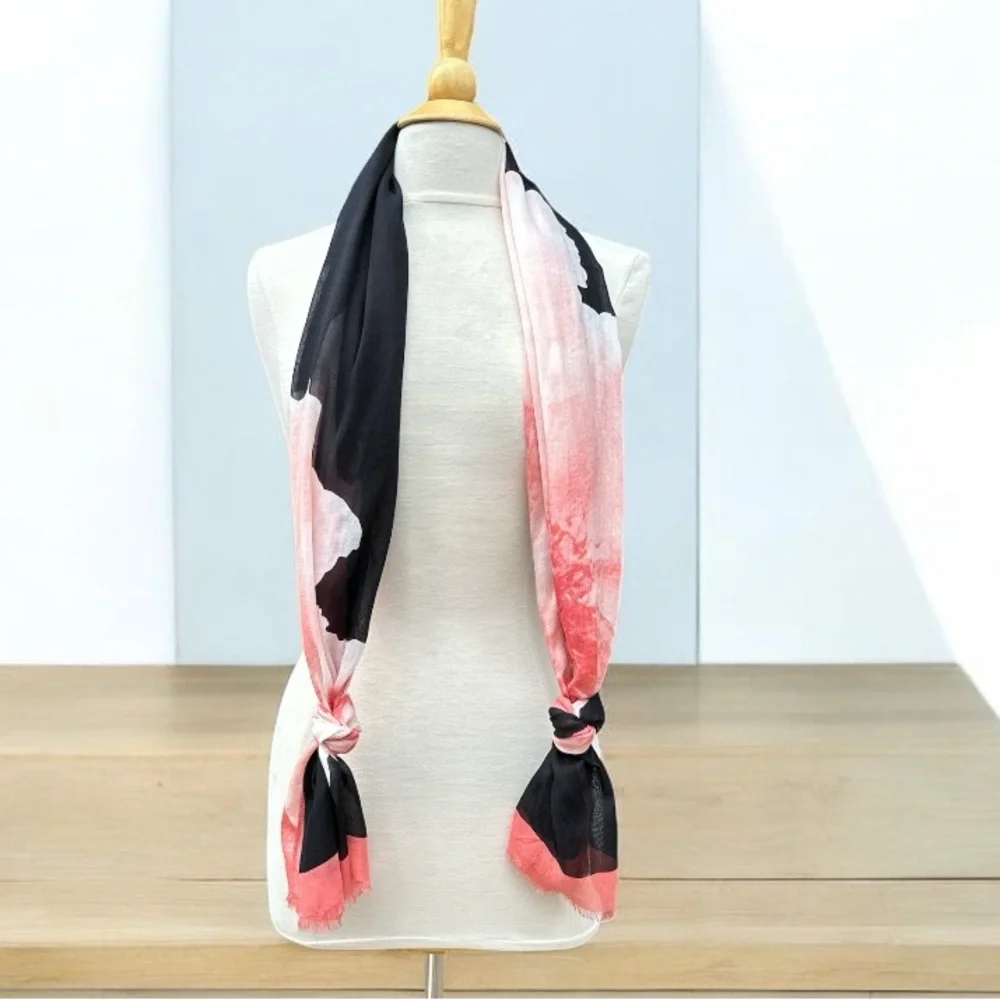 Pink & Black Floral Scarf Wrap Shawl Frayed Edge Lightweight 72 x 25